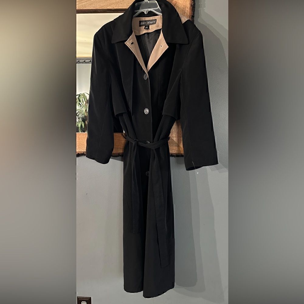 Misty Harbor Vintage coat with detachable hood, pockets, belt.Beautiful lining